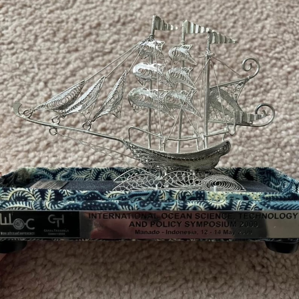 Indonesian Silver plated ship with filigree designs and blue batik box